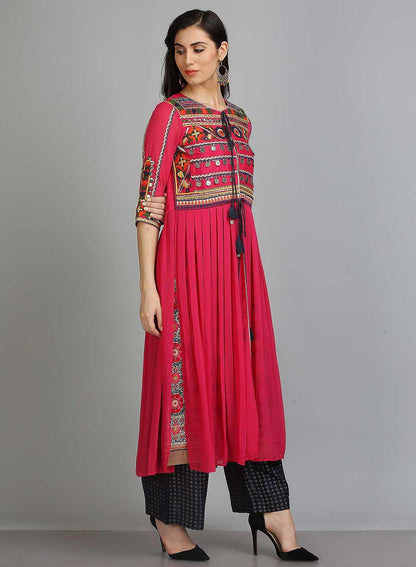 Pink Printed Round Neck kurta - wforwoman