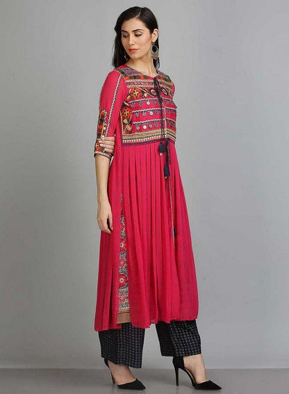 Pink Printed Round Neck kurta - wforwoman