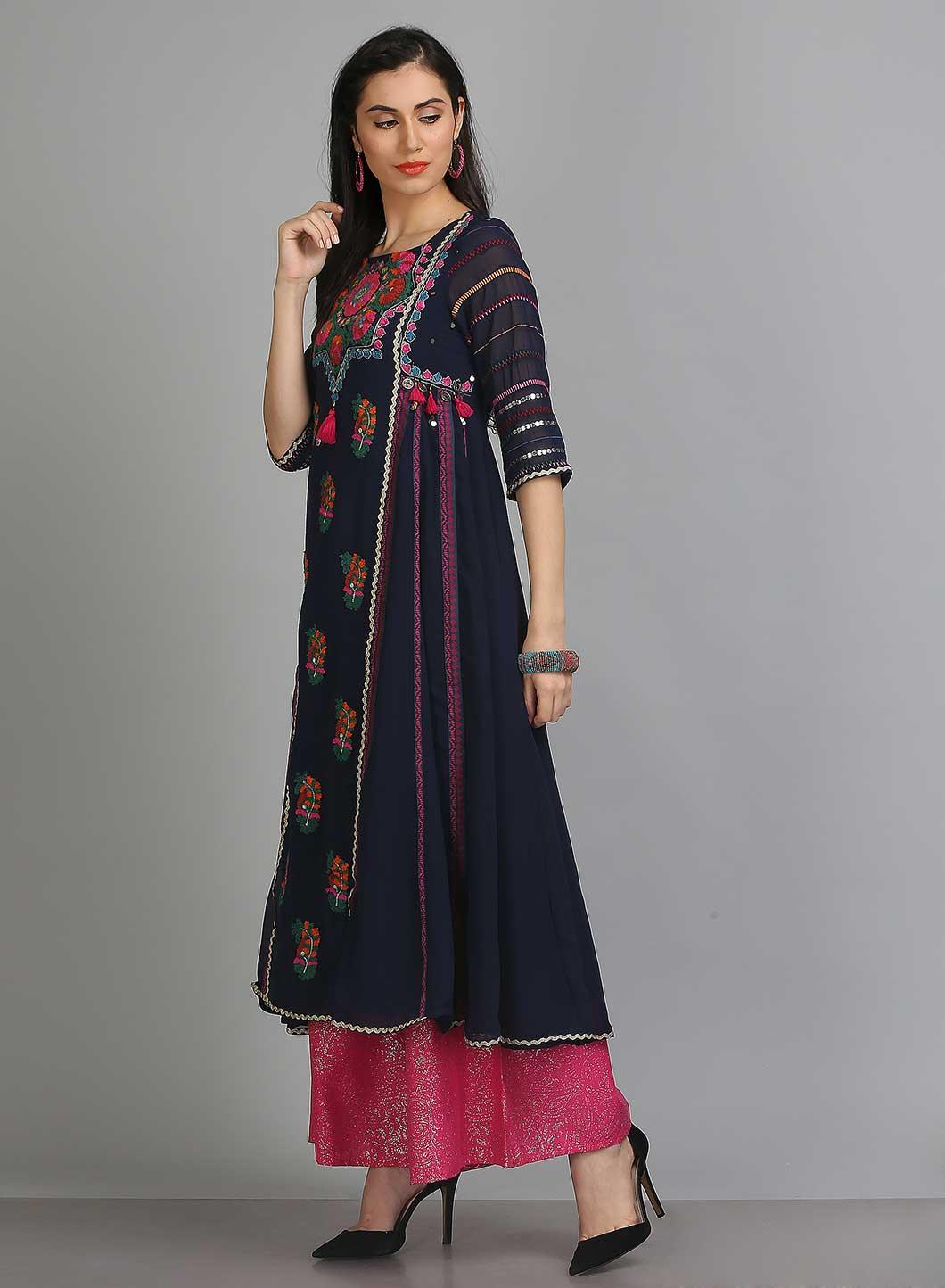 Blue Printed Round Neck 3/4 Sleeves kurta - wforwoman