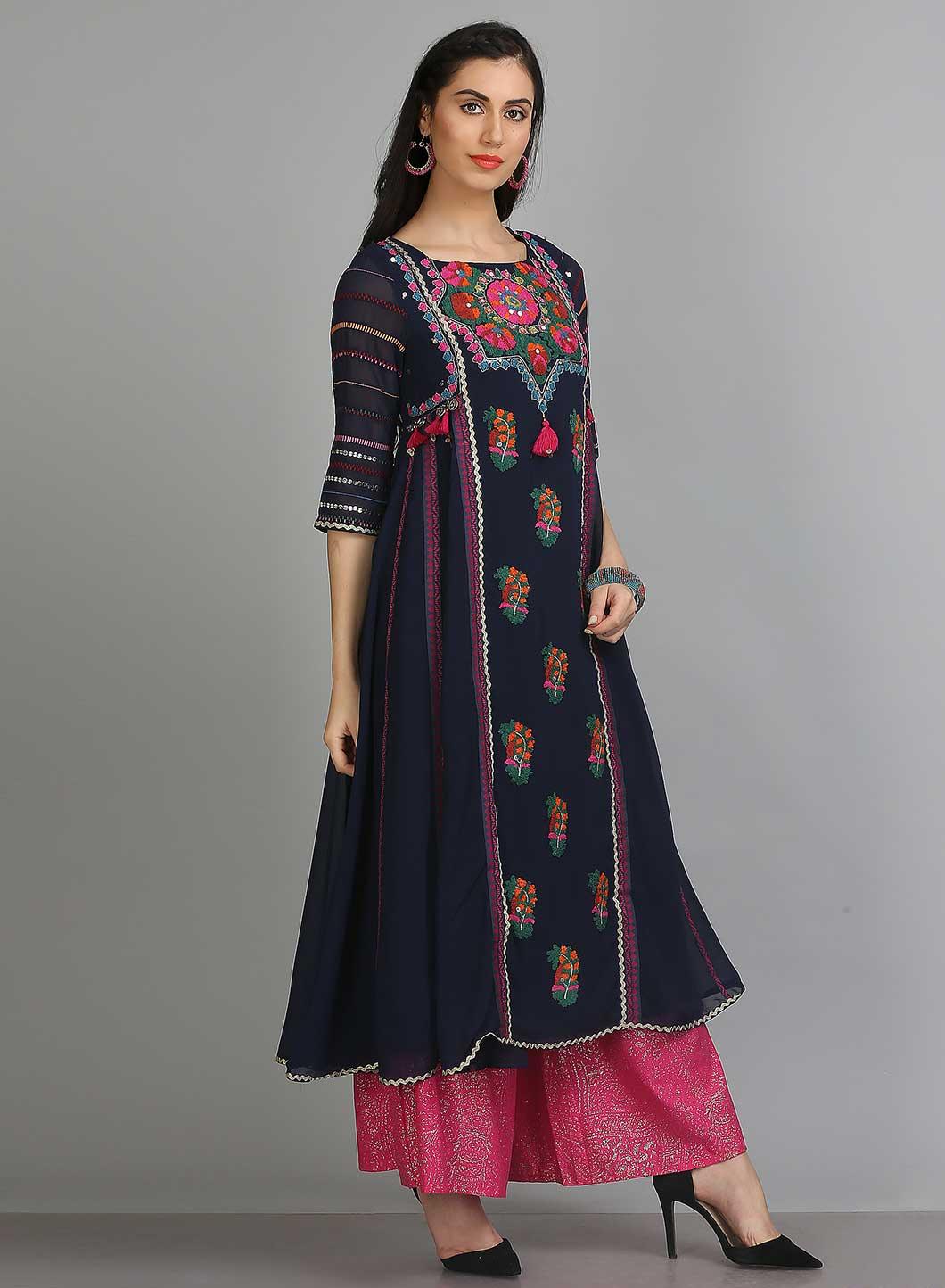 Blue Printed Round Neck 3/4 Sleeves kurta - wforwoman