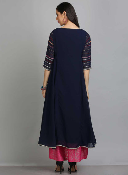 Blue Printed Round Neck 3/4 Sleeves kurta - wforwoman