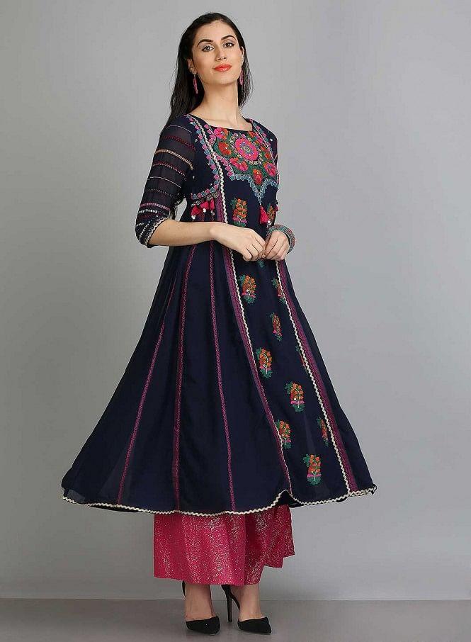 Blue Printed Round Neck 3/4 Sleeves kurta - wforwoman