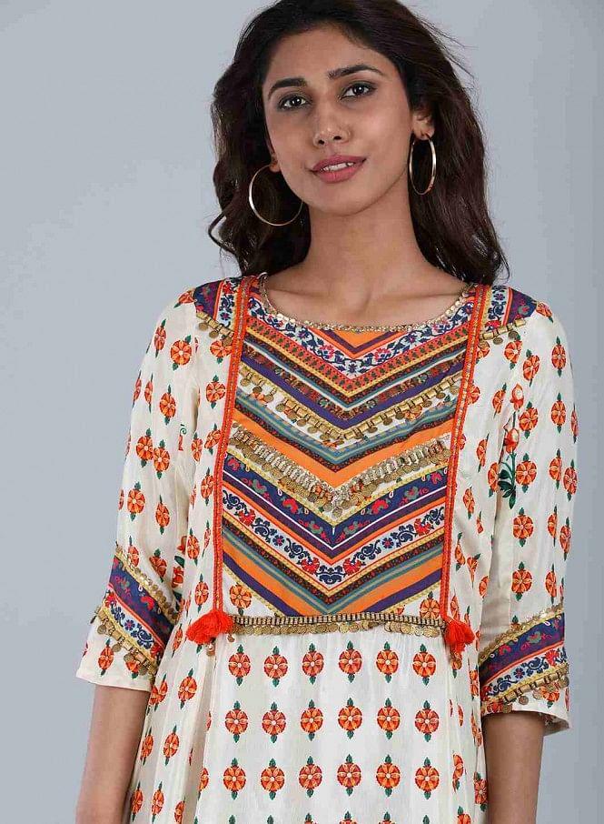 Multicolor Round Neck Printed kurta - wforwoman