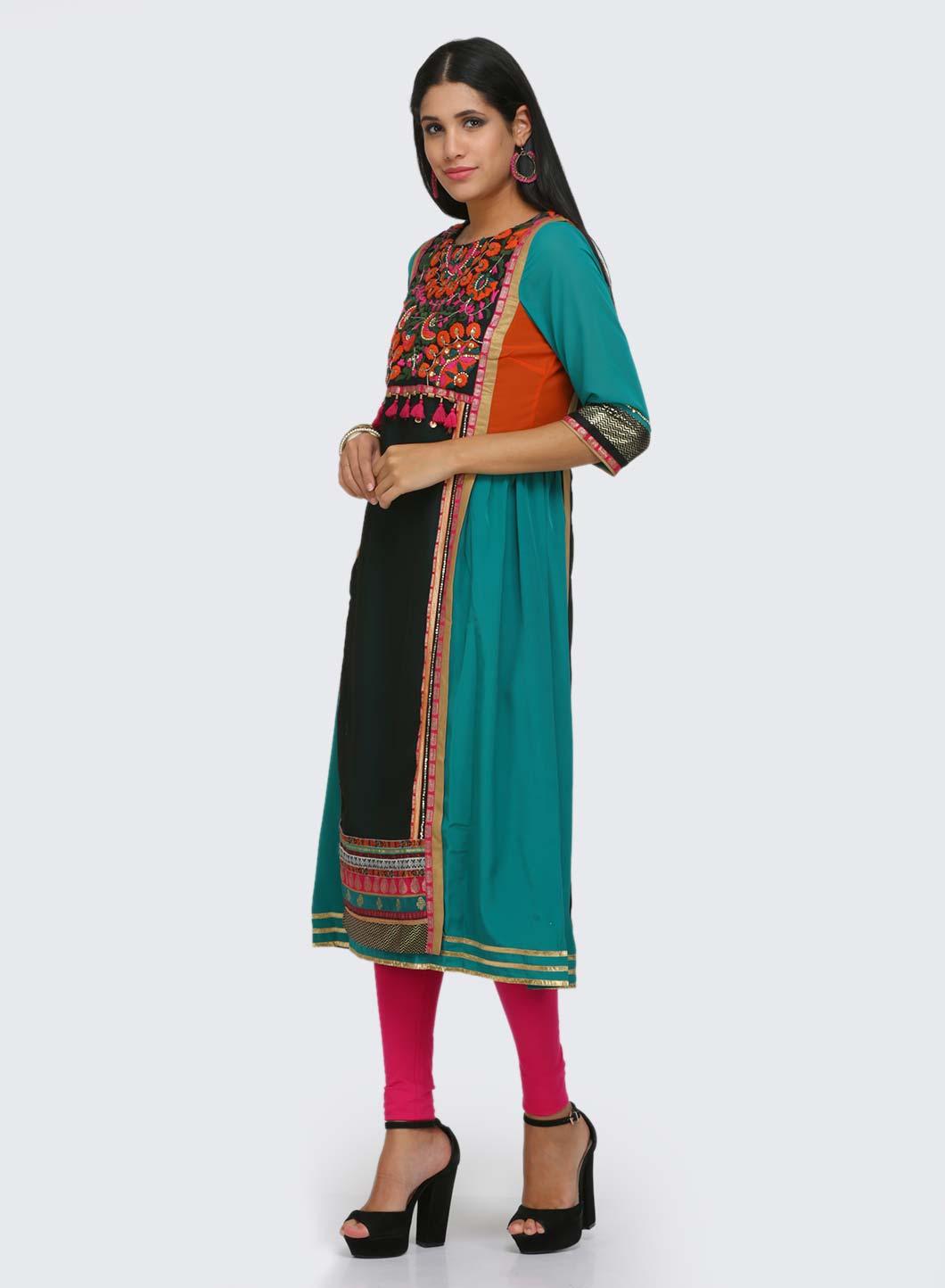 Blue Embroidered Round Neck kurta - wforwoman