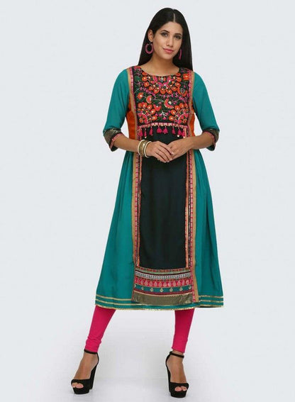 Blue Embroidered Round Neck kurta - wforwoman