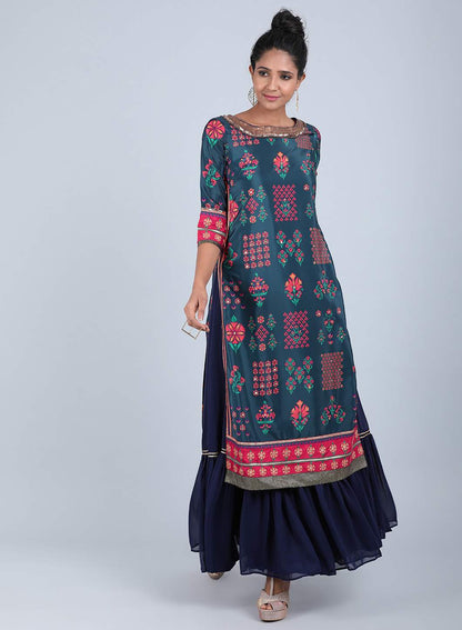 Blue Round Neck Printed kurta