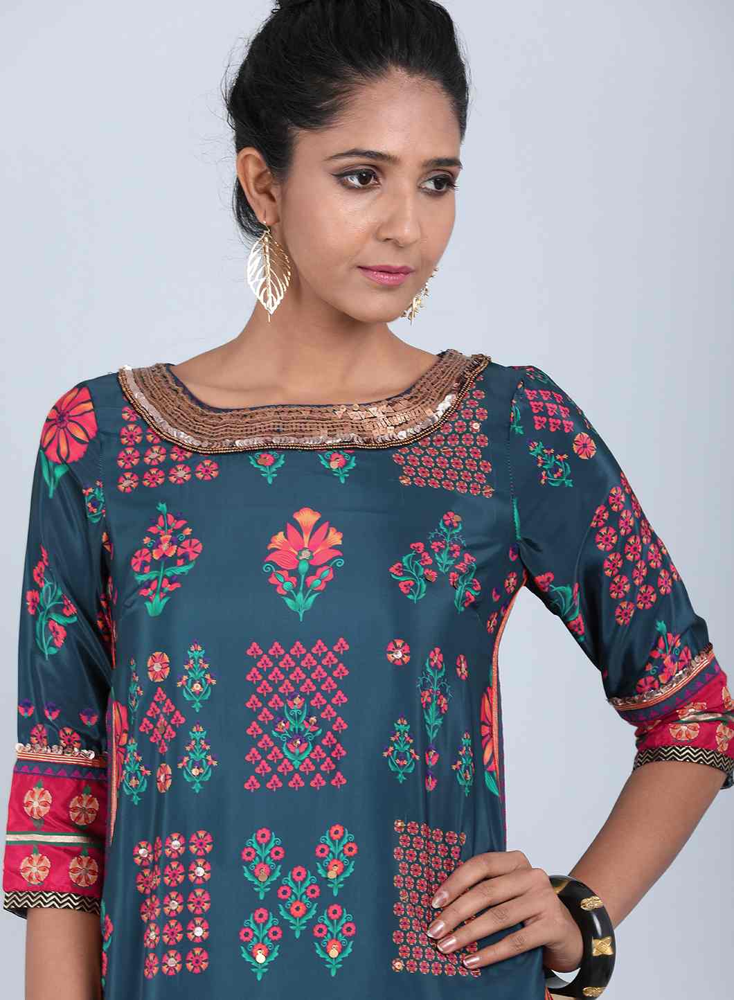 Blue Round Neck Printed kurta