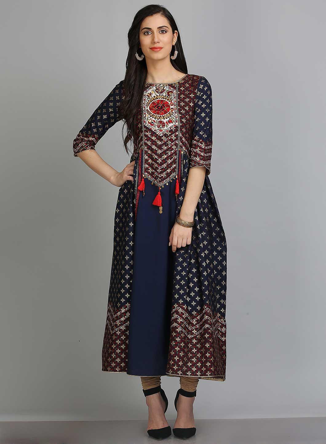 Blue Printed Round Neck 3/4 Sleeves kurta - wforwoman