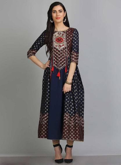 Blue Printed Round Neck 3/4 Sleeves kurta - wforwoman