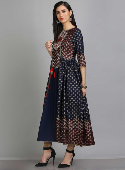 Blue Printed Round Neck 3/4 Sleeves kurta - wforwoman