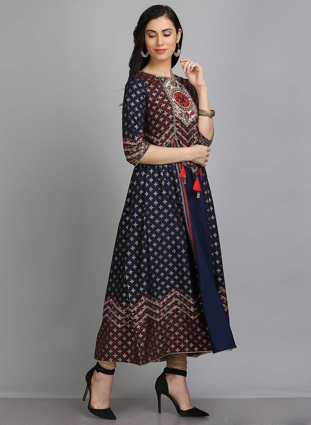 Blue Printed Round Neck 3/4 Sleeves kurta - wforwoman