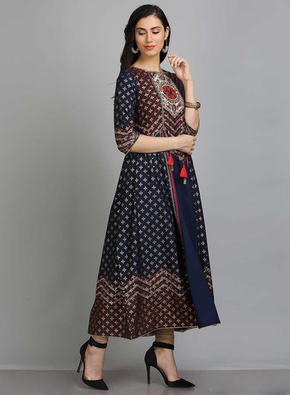 Blue Printed Round Neck 3/4 Sleeves kurta - wforwoman