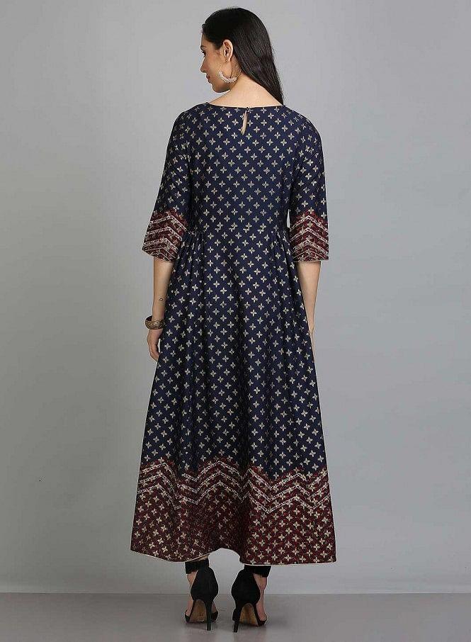 Blue Printed Round Neck 3/4 Sleeves kurta - wforwoman