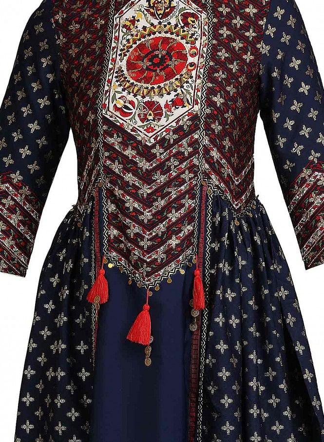 Blue Printed Round Neck 3/4 Sleeves kurta - wforwoman