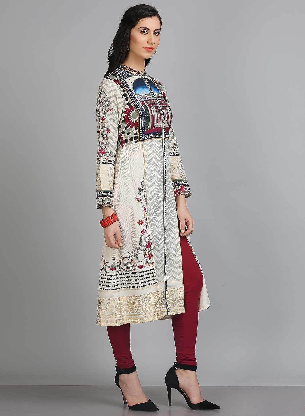 White Printed Mandarin Neck kurta - wforwoman