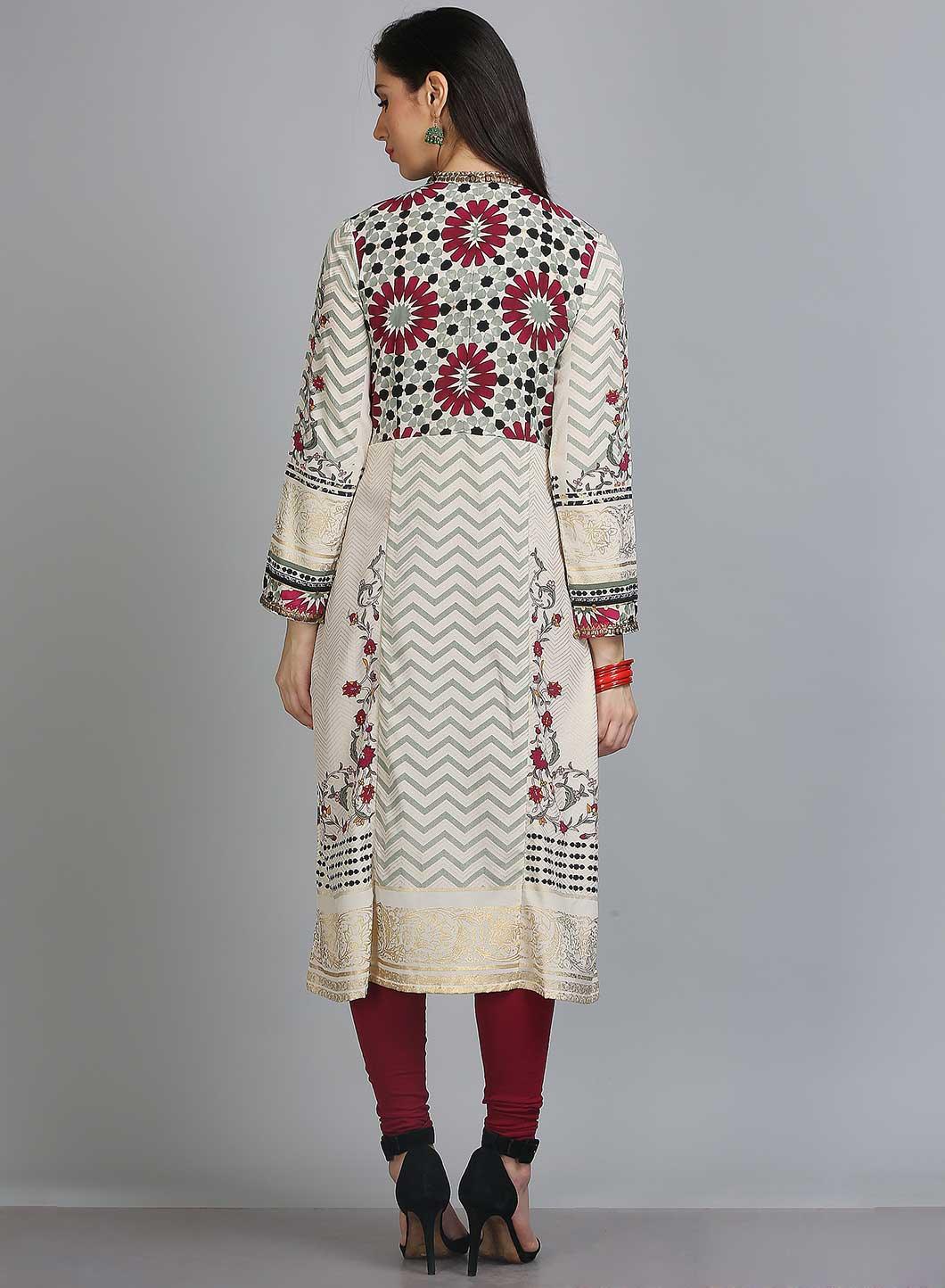 White Printed Mandarin Neck kurta - wforwoman