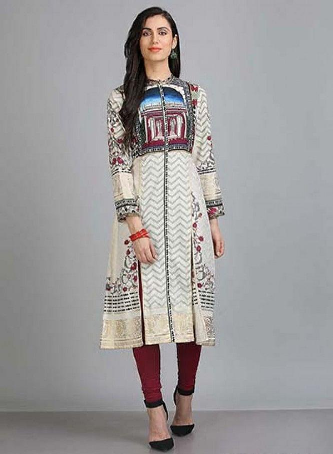 White Printed Mandarin Neck kurta - wforwoman