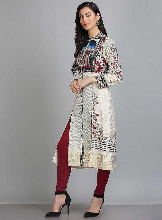 White Printed Mandarin Neck kurta - wforwoman