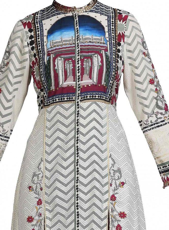 White Printed Mandarin Neck kurta - wforwoman