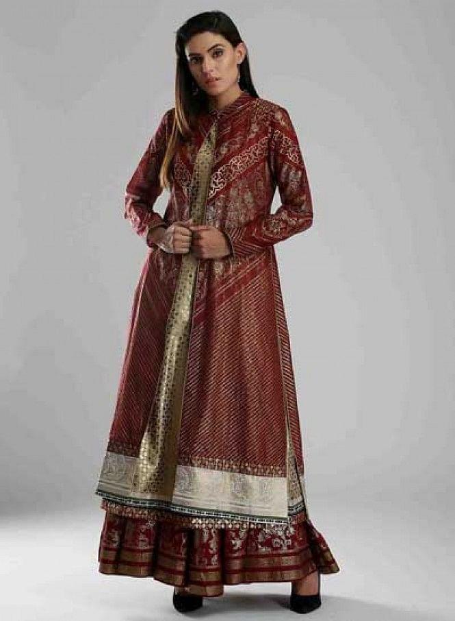 Maroon &amp; Golden Embellished kurta - wforwoman