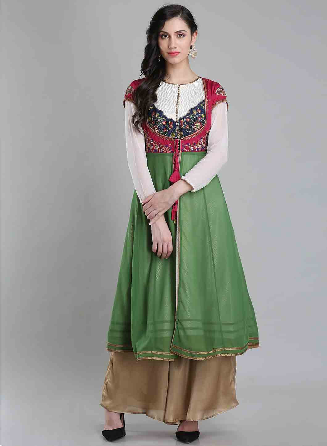 Maroon &amp; Green Round Neck kurta