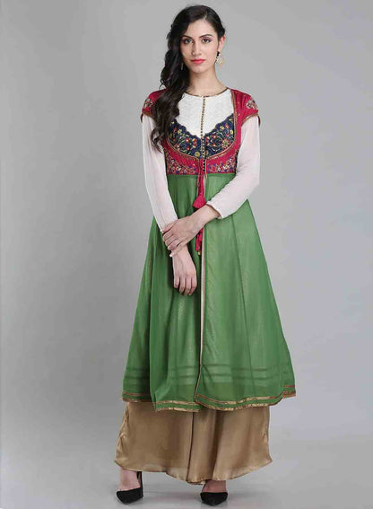 Maroon &amp; Green Round Neck kurta