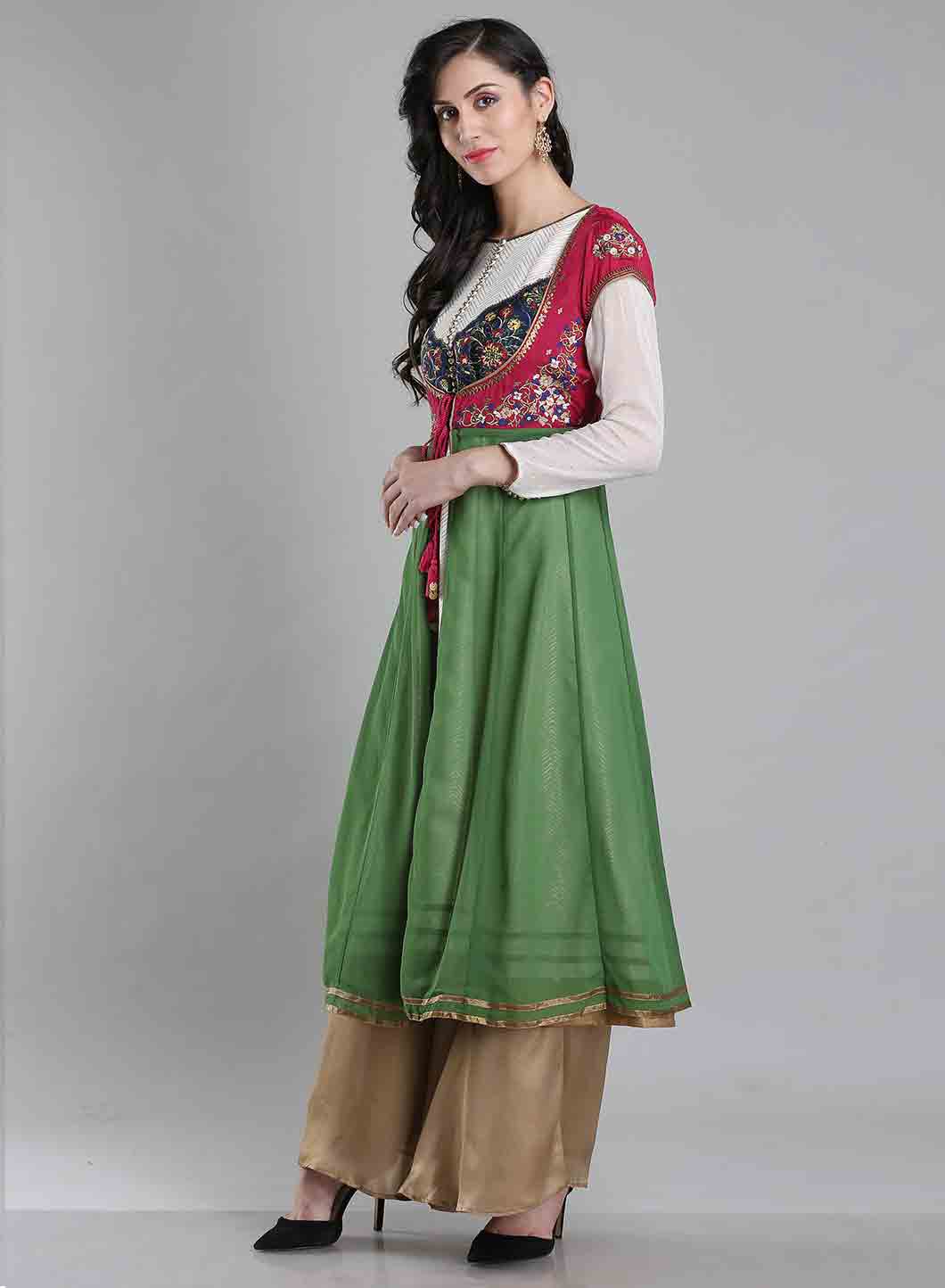 Maroon &amp; Green Round Neck kurta