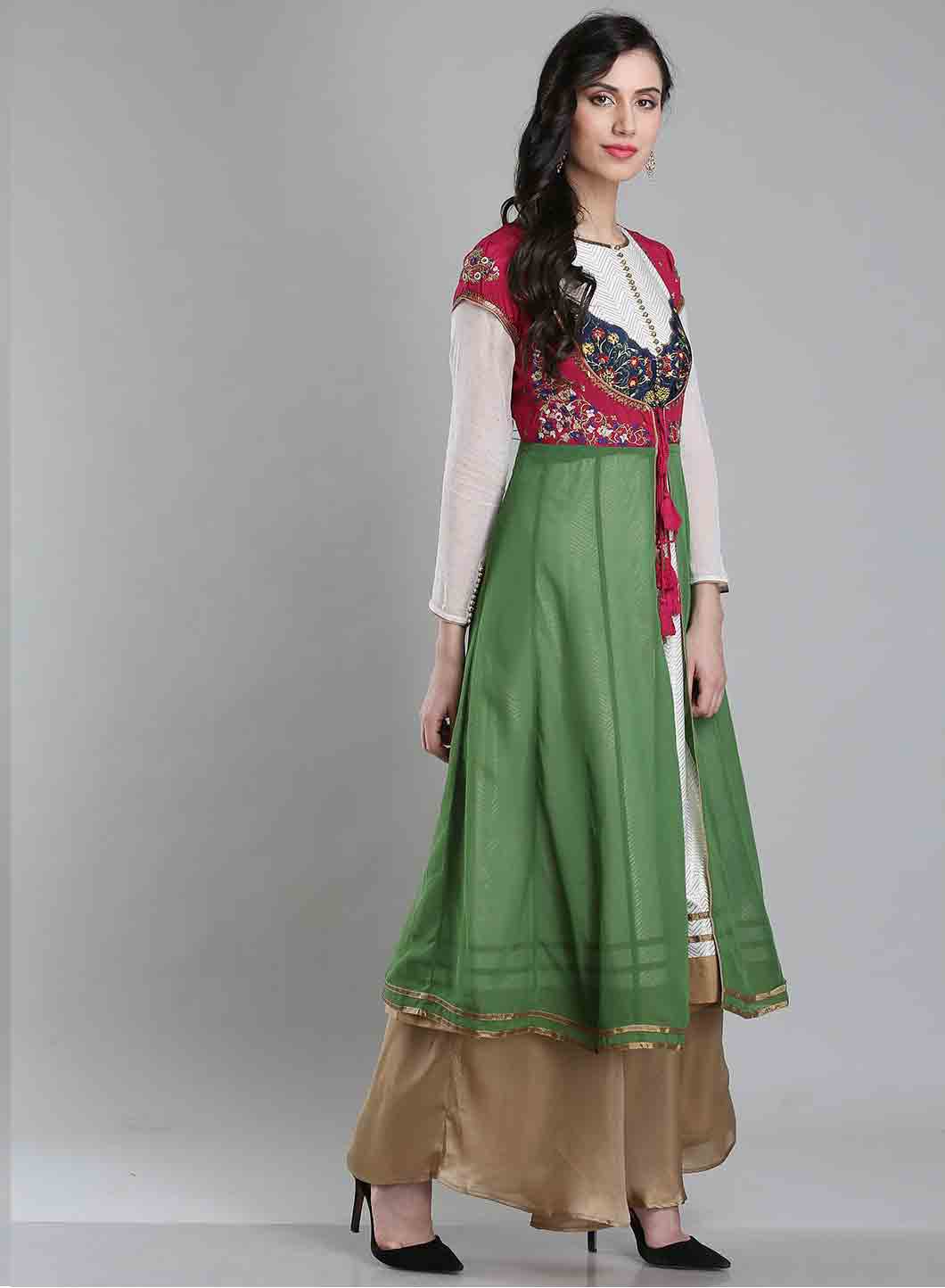 Maroon &amp; Green Round Neck kurta