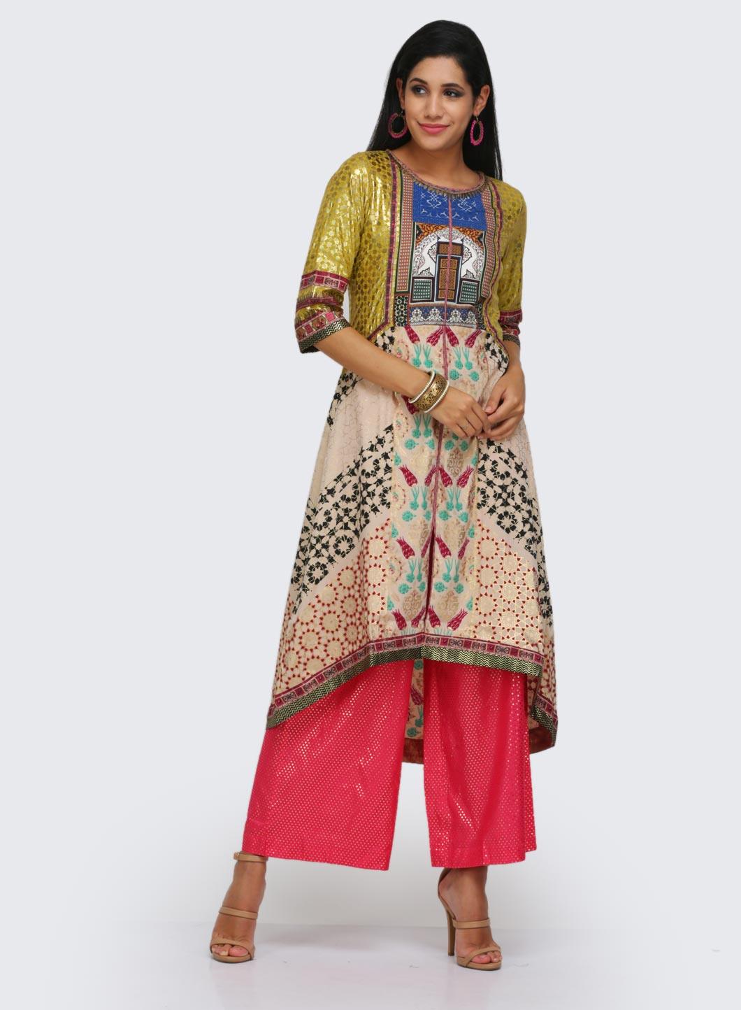 Beige &amp; Yellow Printed kurta - wforwoman