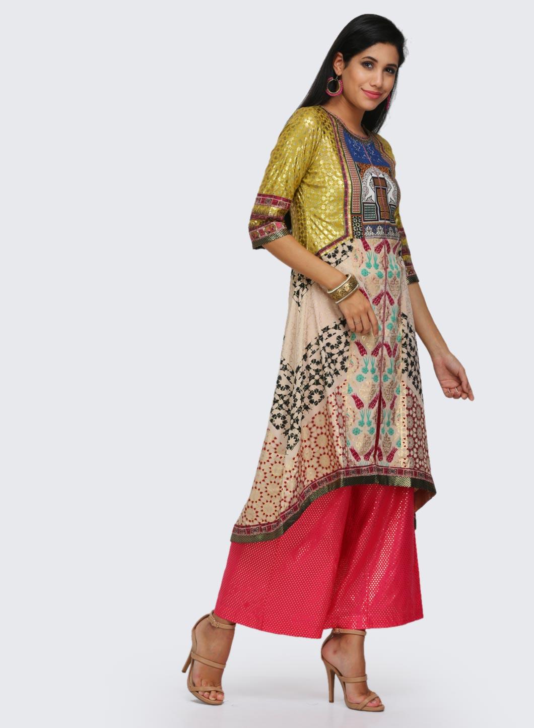 Beige &amp; Yellow Printed kurta - wforwoman