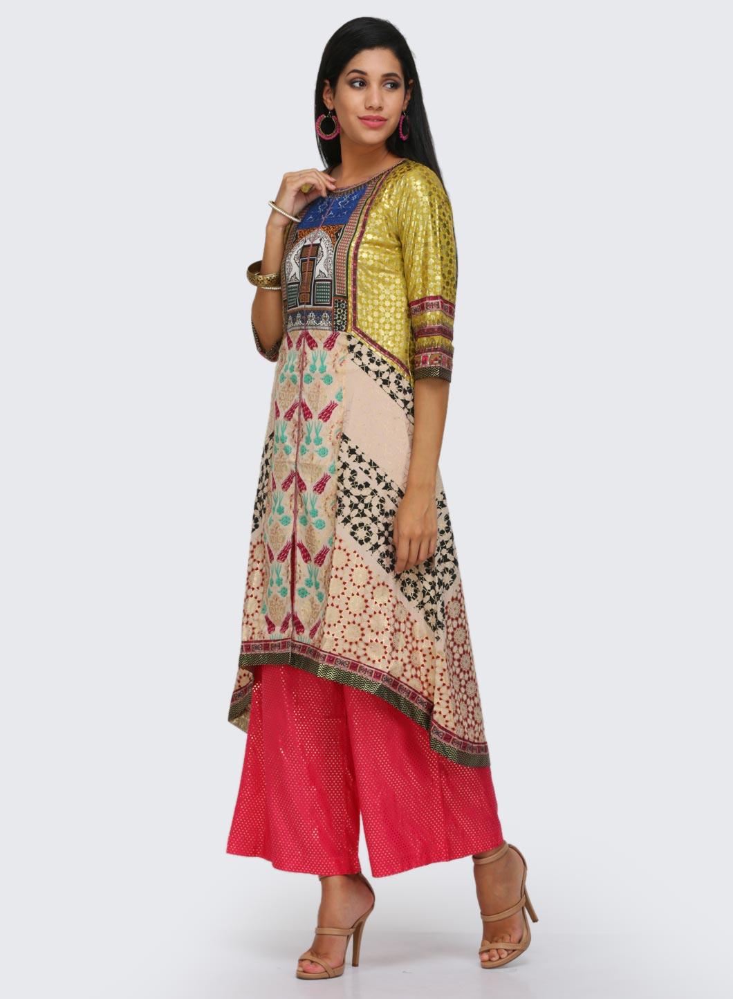 Beige &amp; Yellow Printed kurta - wforwoman