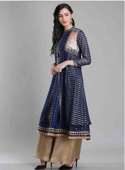 Blue Embellished Mandarin Neck kurta - wforwoman