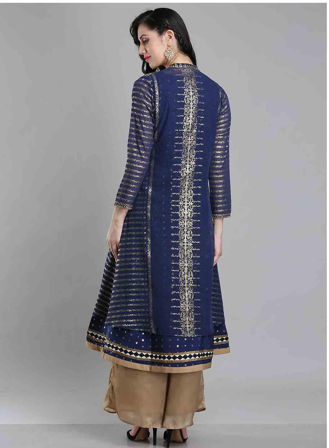 Blue Embellished Mandarin Neck kurta - wforwoman