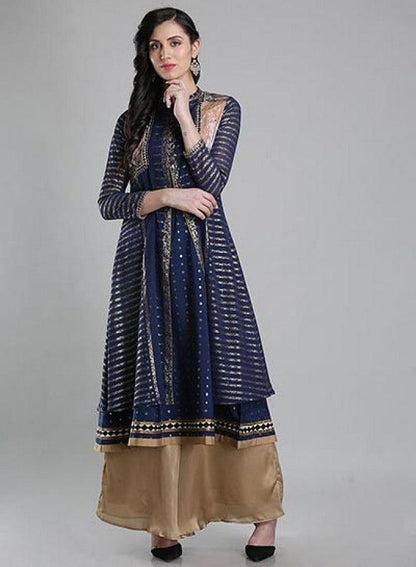 Blue Embellished Mandarin Neck kurta - wforwoman