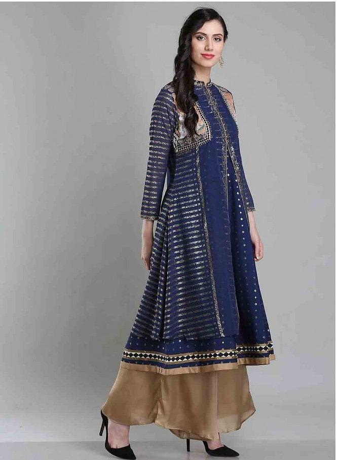 Blue Embellished Mandarin Neck kurta - wforwoman