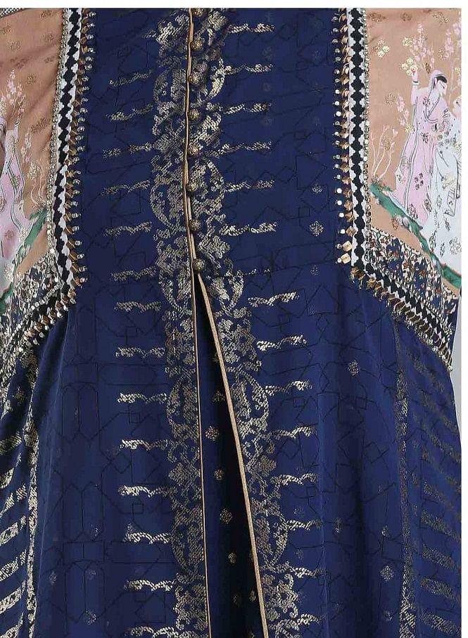 Blue Embellished Mandarin Neck kurta - wforwoman