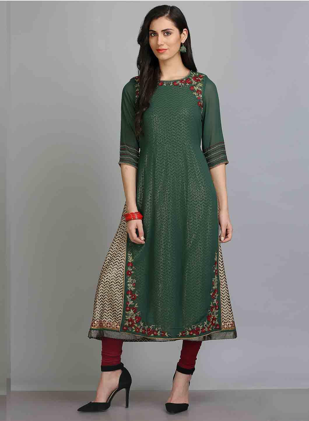 Green Round Neck 3/4 Sleeves kurta - wforwoman