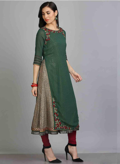 Green Round Neck 3/4 Sleeves kurta - wforwoman