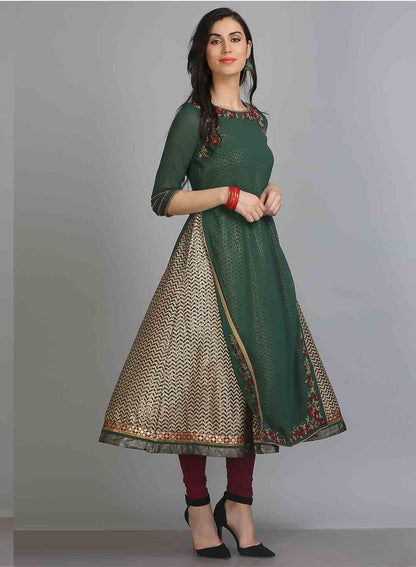 Green Round Neck 3/4 Sleeves kurta - wforwoman