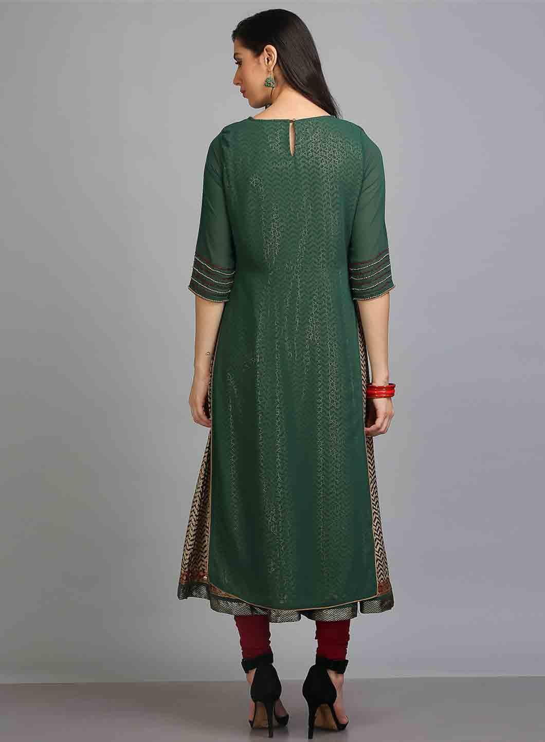 Green Round Neck 3/4 Sleeves kurta - wforwoman