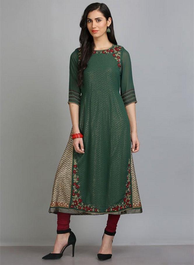 Green Round Neck 3/4 Sleeves kurta - wforwoman