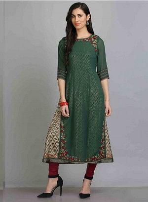 Green Round Neck 3/4 Sleeves kurta - wforwoman