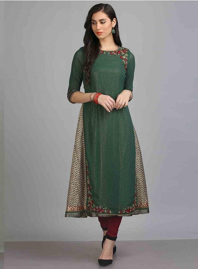 Green Round Neck 3/4 Sleeves kurta - wforwoman