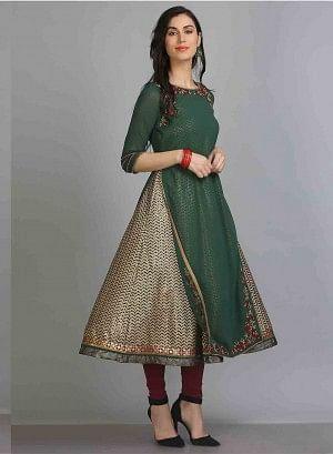 Green Round Neck 3/4 Sleeves kurta - wforwoman