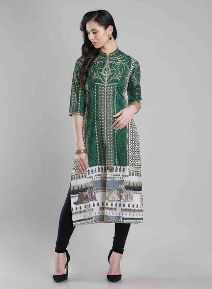 Green Printed Mandarin Neck kurta - wforwoman