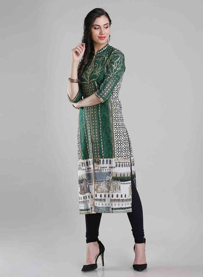 Green Printed Mandarin Neck kurta - wforwoman