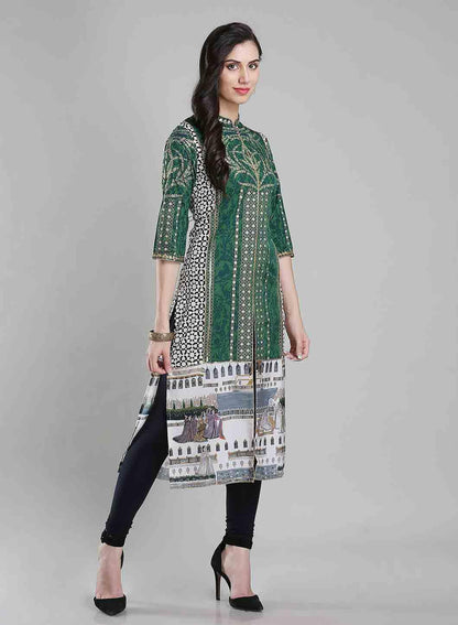 Green Printed Mandarin Neck kurta - wforwoman