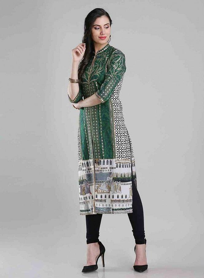 Green Printed Mandarin Neck kurta - wforwoman