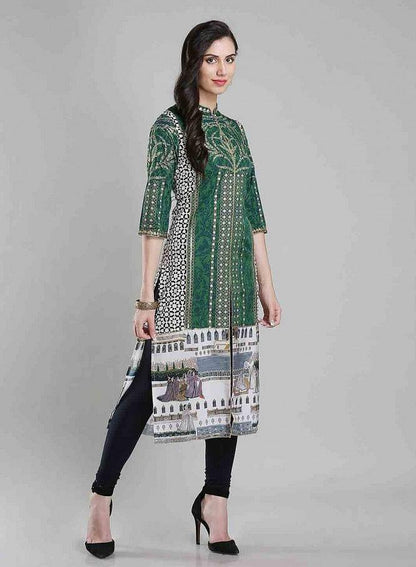 Green Printed Mandarin Neck kurta - wforwoman