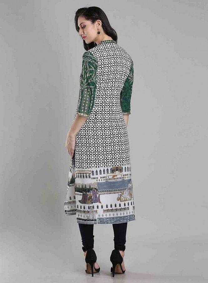 Green Printed Mandarin Neck kurta - wforwoman